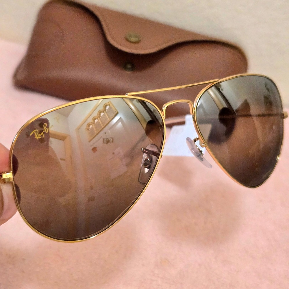 Ray-Ban Aviator Sunglasses Unisex 58mm Polarized Chromance Gold Brown Metal